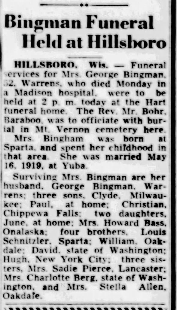 Bingman, Mrs. George. ‘Lena’. Obit 2